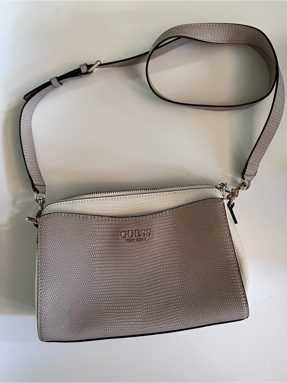 GUESS Taupe and White Textured Crossbody Bag